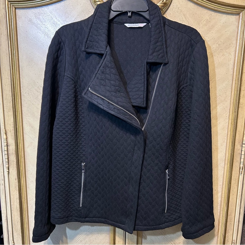 Isaac Mizrahi Black Quilted Textured Silver Zip Moto Jacket